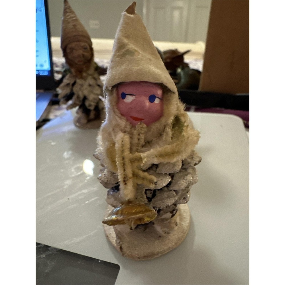 Antique Pinecone Elf Pixie Musician Trumpet Christmas Figure From Japan Side Eye - Picture 7 of 7